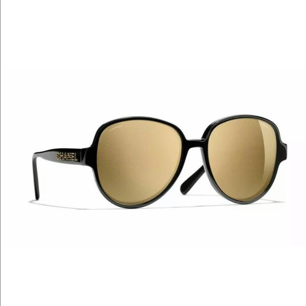 Chanel sunglasses black frame gold mirror